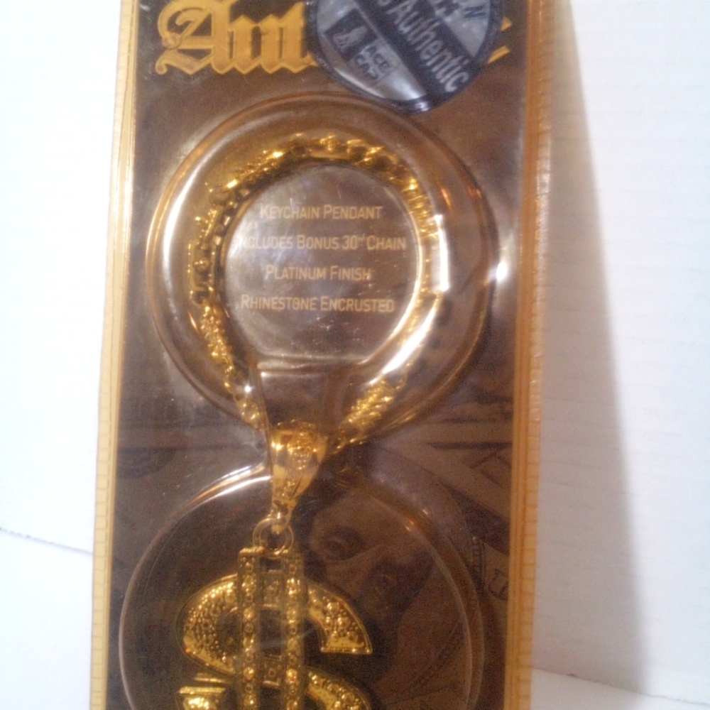 AUTO/KEYCHAIN MEDALLION GOLD $ BONUS 30" CHAIN PLATINUM FINISH FAUX STON…